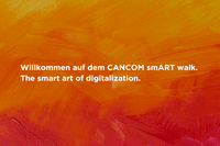 Prim plan al unei picturi cu tonuri de portocaliu și piersică, încorporată în CANCOM smART Walk pentru a prezenta arta digitalizării.