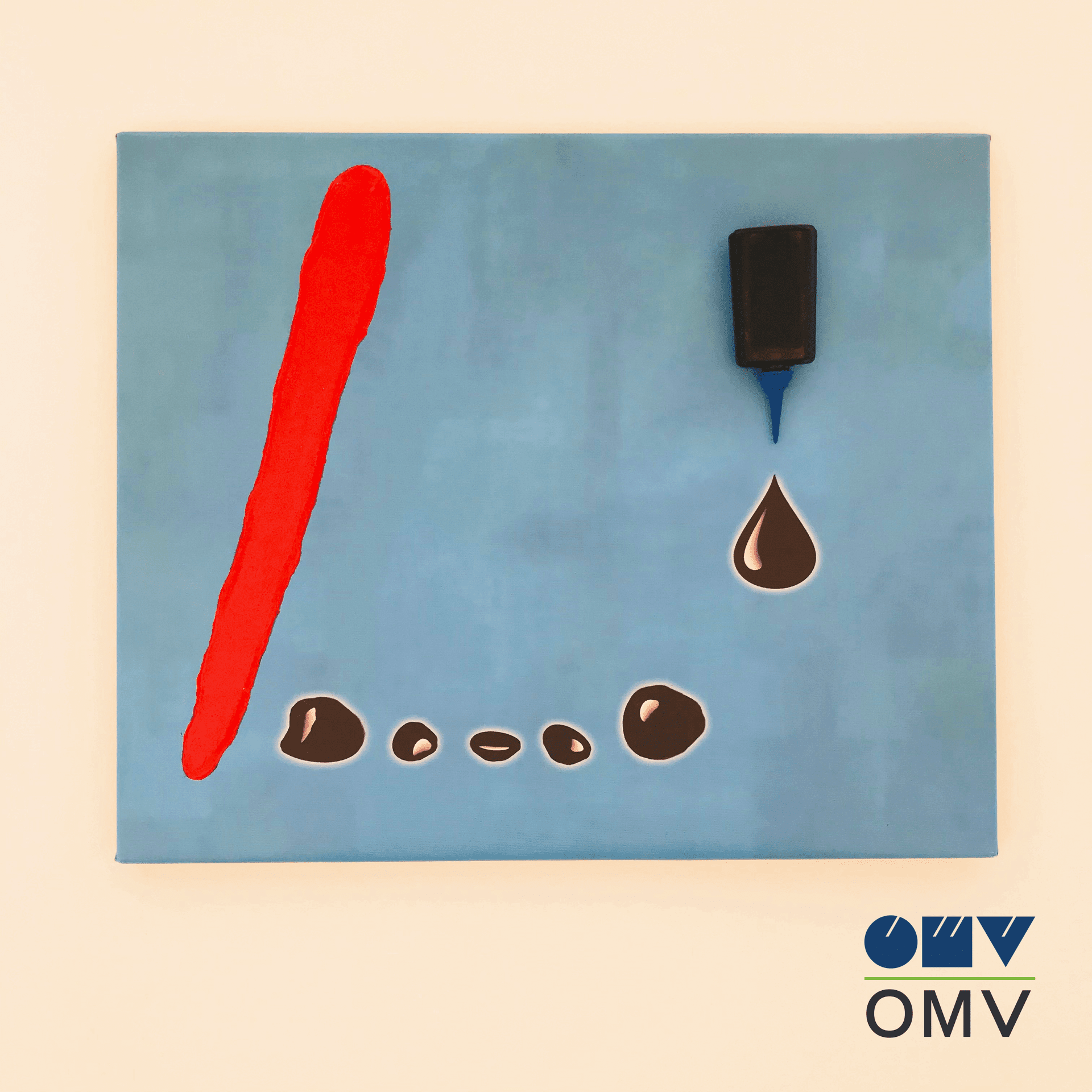 Un pătrat albastru cu un stilou roșu și lichid negru pe el simbolizează soluțiile digitale creative la CANCOM smART Walk.