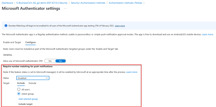 Captură de ecran a interfeței utilizatorului pentru configurarea potrivirii numerelor în Microsoft Authenticator în Azure Portal.