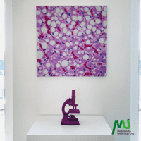 Un microscop violet pe o suprafață albă, simbolizând precizia și inovația CANCOM smART Walk.
