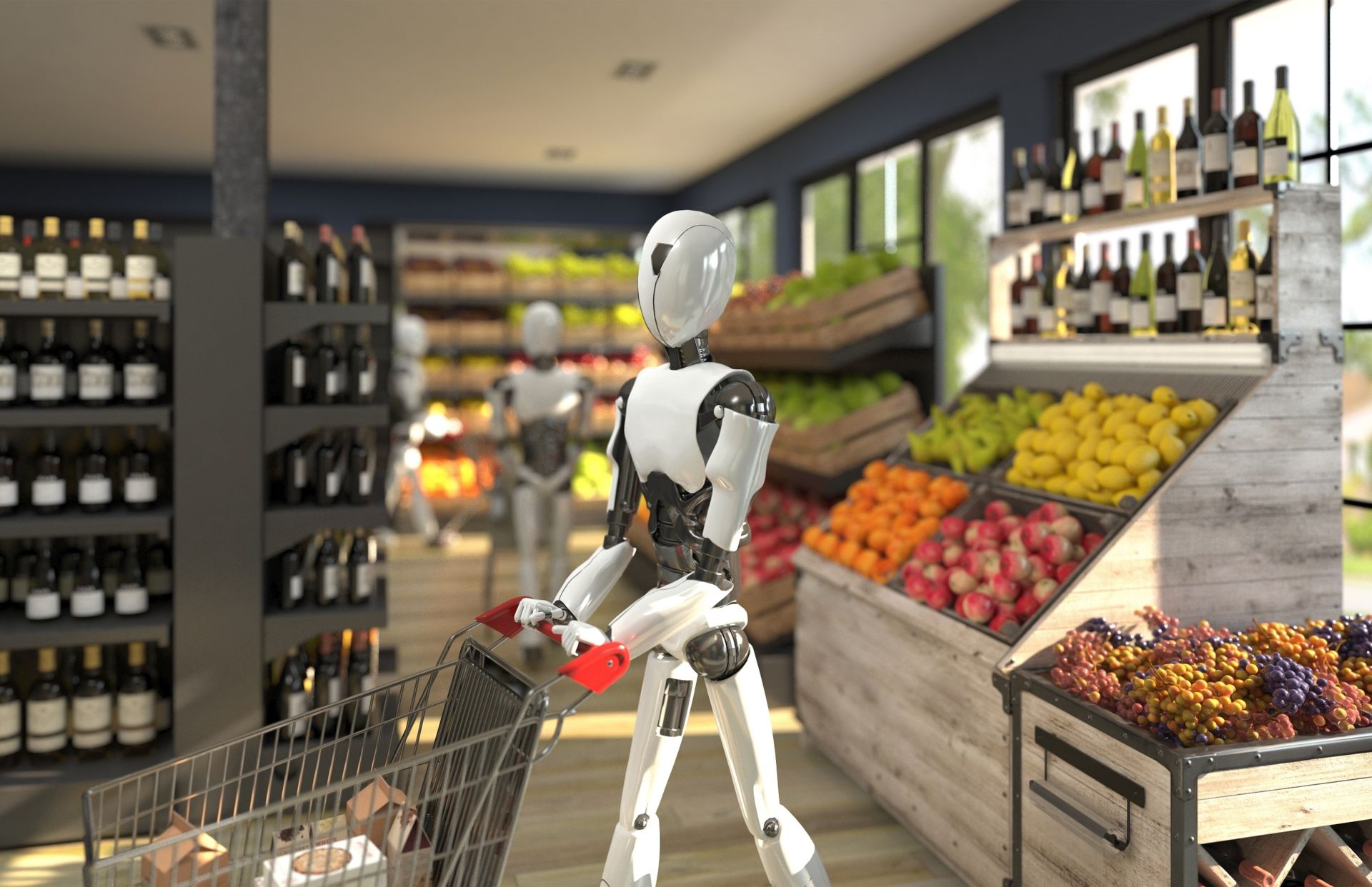 Robotul împinge un cărucior de cumpărături într-un magazin alimentar.