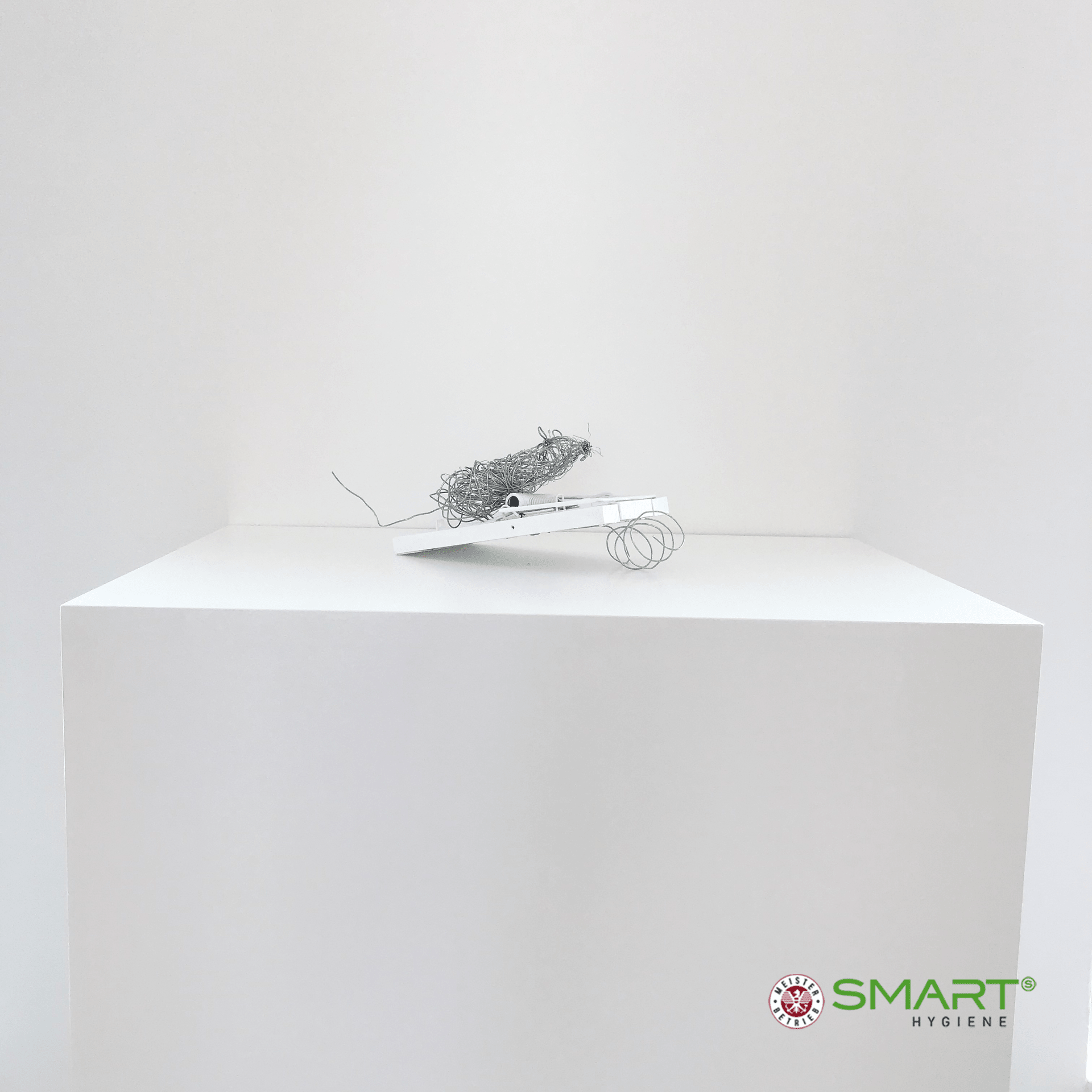 O cutie albă cu un obiect de sârmă pe ea, prezentată în contextul CANCOM smART Walk pentru a ilustra arta digitală.