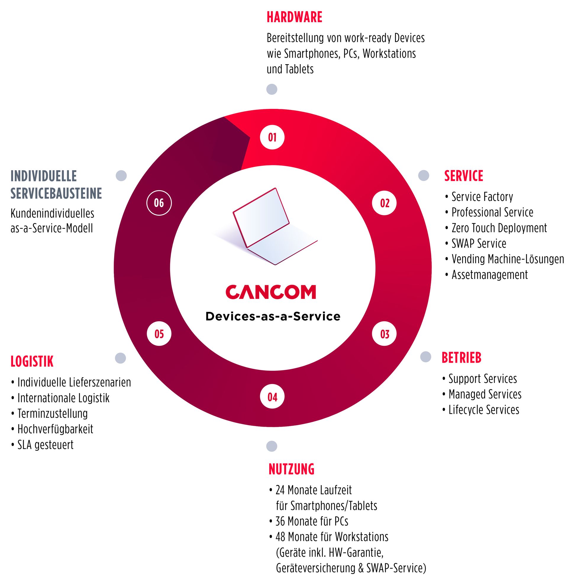 Diagrama structurii corporative a CANCOM, reprezentată printr-un cerc cu elemente de text.